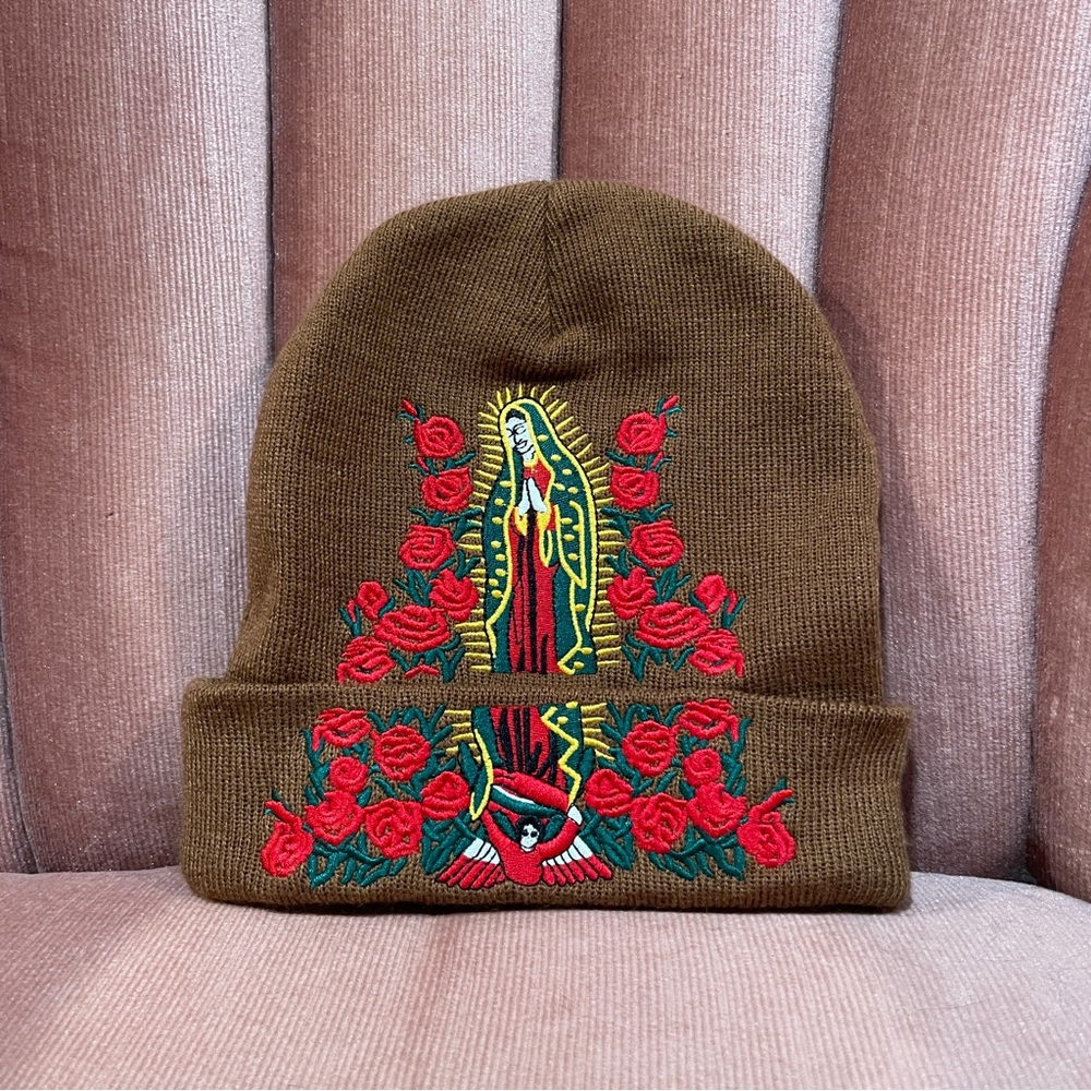 SUPREME Guadalupe Brown Beanie with Red Rose Embroidery like NEW